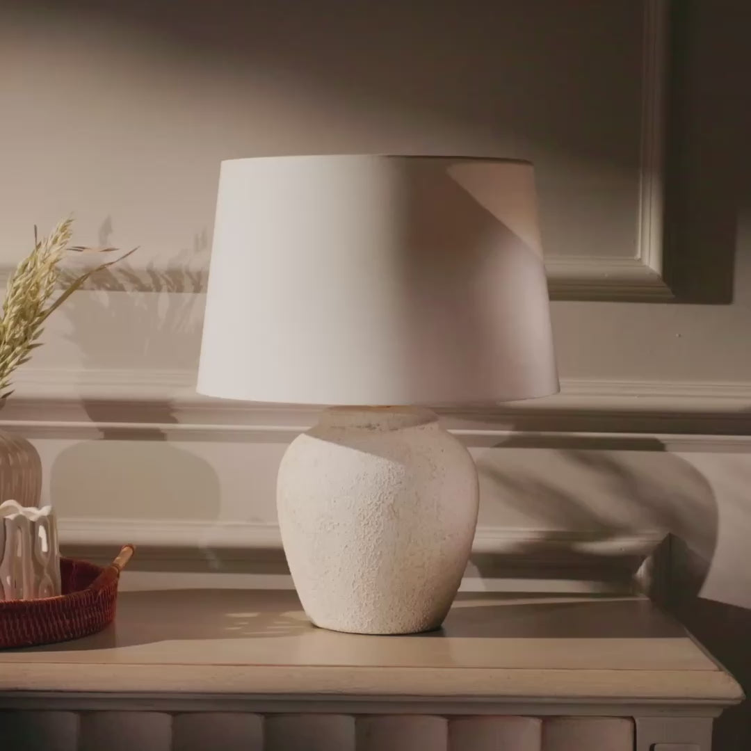 Selham 30cm Ceramic Lamp Base - Rustic White with Coningsby 35cm Cotton Lamp Shade - Snow White - Laura James