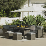 Aston 9 Seater Rattan Garden Corner Sofa Set with Cream Lean Over Parasol - Polywood Top - Grey - Laura James 