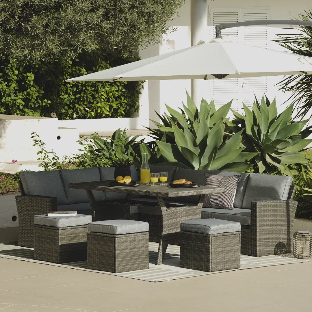 Aston 9 Seater Rattan Garden Corner Sofa Set with Cream Lean Over Parasol - Polywood Top - Grey - Laura James 