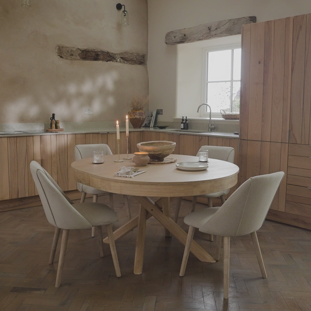 Amelia Whitewash Oval Extending Dining Table Set - 4 Seater - Freya Sand Dining Chairs - Whitewash Oak Legs - Laura James 