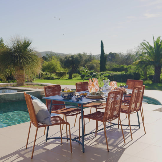 Wilder 6 Seater Blue Garden Dining Set with Ryder Burnt Orange Chairs - Laura James