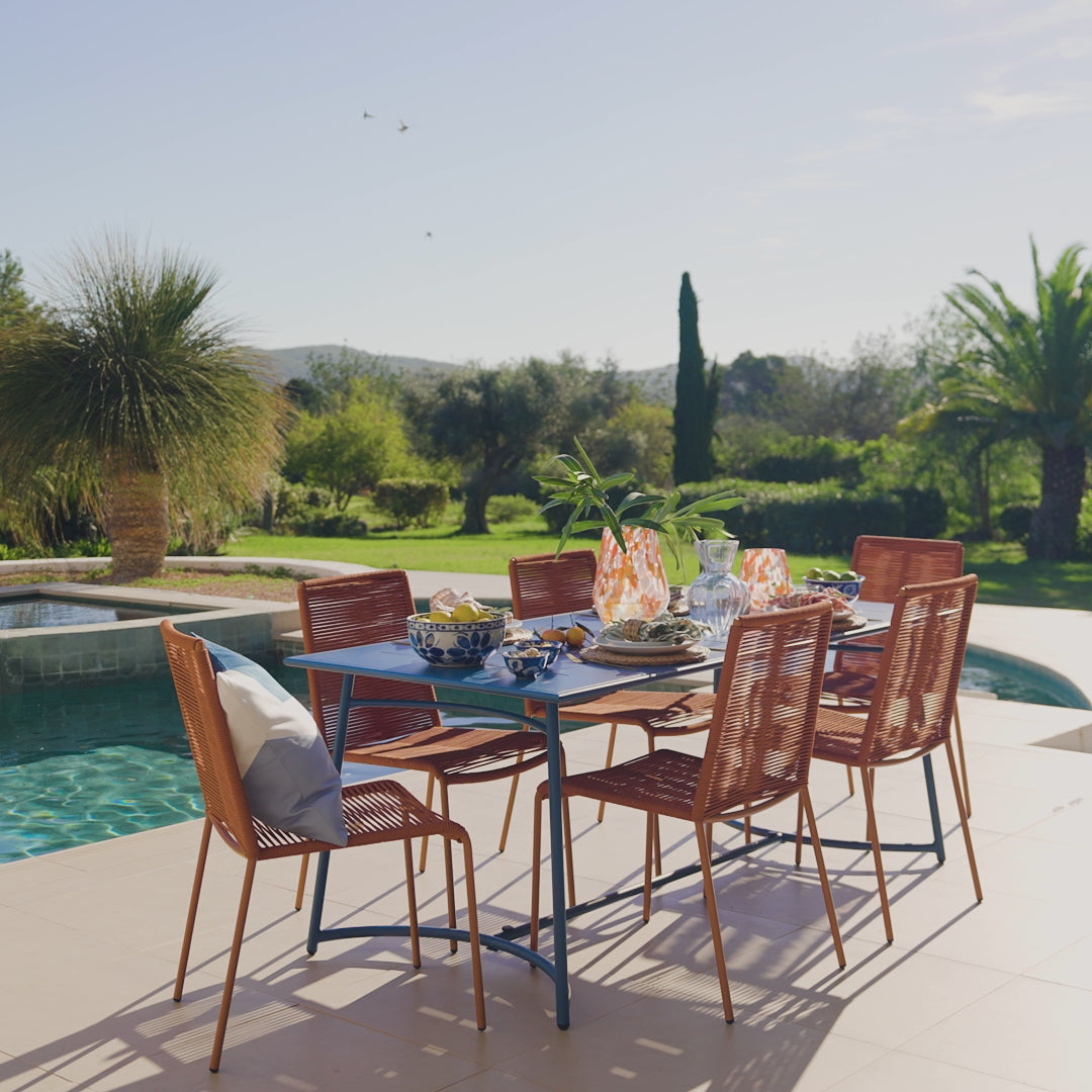 Wilder 6 Seater Blue Garden Dining Set with Ryder Burnt Orange Chairs - Laura James