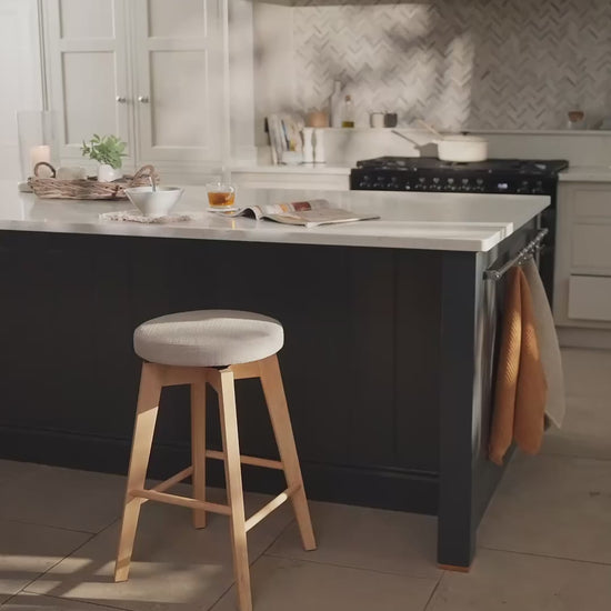 Digby Fawn Linen Swivel Backless Bar Stools - Set of 2 - Whitewash Oak Legs - Laura James