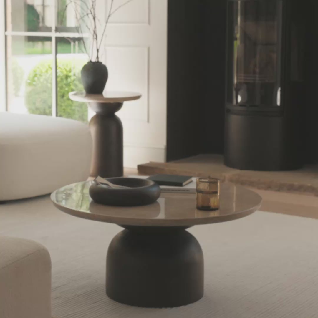 Sorrell 75cm Round Coffee Table - Coffee Brown Mango Wood & White Marble - Laura James 