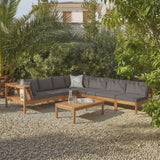 Dakota 7 Seater Wooden Corner Sofa Set - Natural Acacia with Grey Cushions