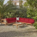 Dakota 7 Seater Wooden Corner Sofa Set - Natural Acacia with Red Cushions