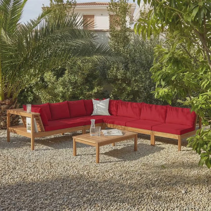 Dakota 7 Seater Wooden Corner Sofa Set - Natural Acacia with Red Cushions