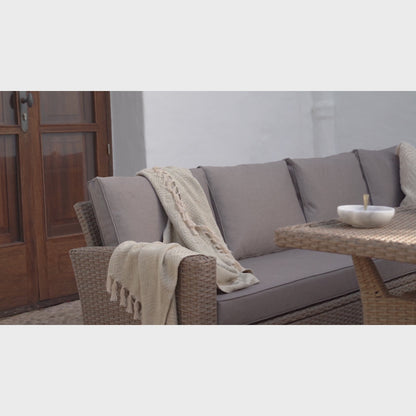 Aston rattan Corner Sofa Set premium cream LED parasol - 9 seater - natural brown - Glass table top