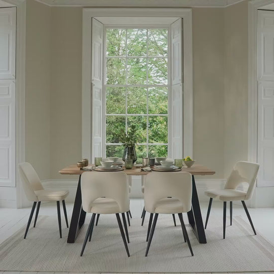 Atlas 160cm Chalked Mango Wood Dining Table Set - 6 Seater - Dolly Dining Chairs - Oyster White - Black Legs - Laura James