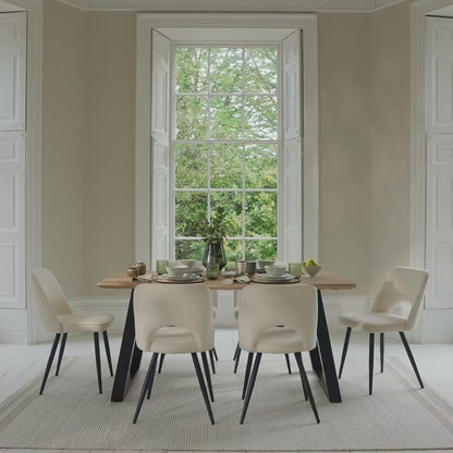 Atlas 160cm Chalked Mango Wood Dining Table Set - 6 Seater - Dolly Dining Chairs - Oyster White - Black Legs - Laura James