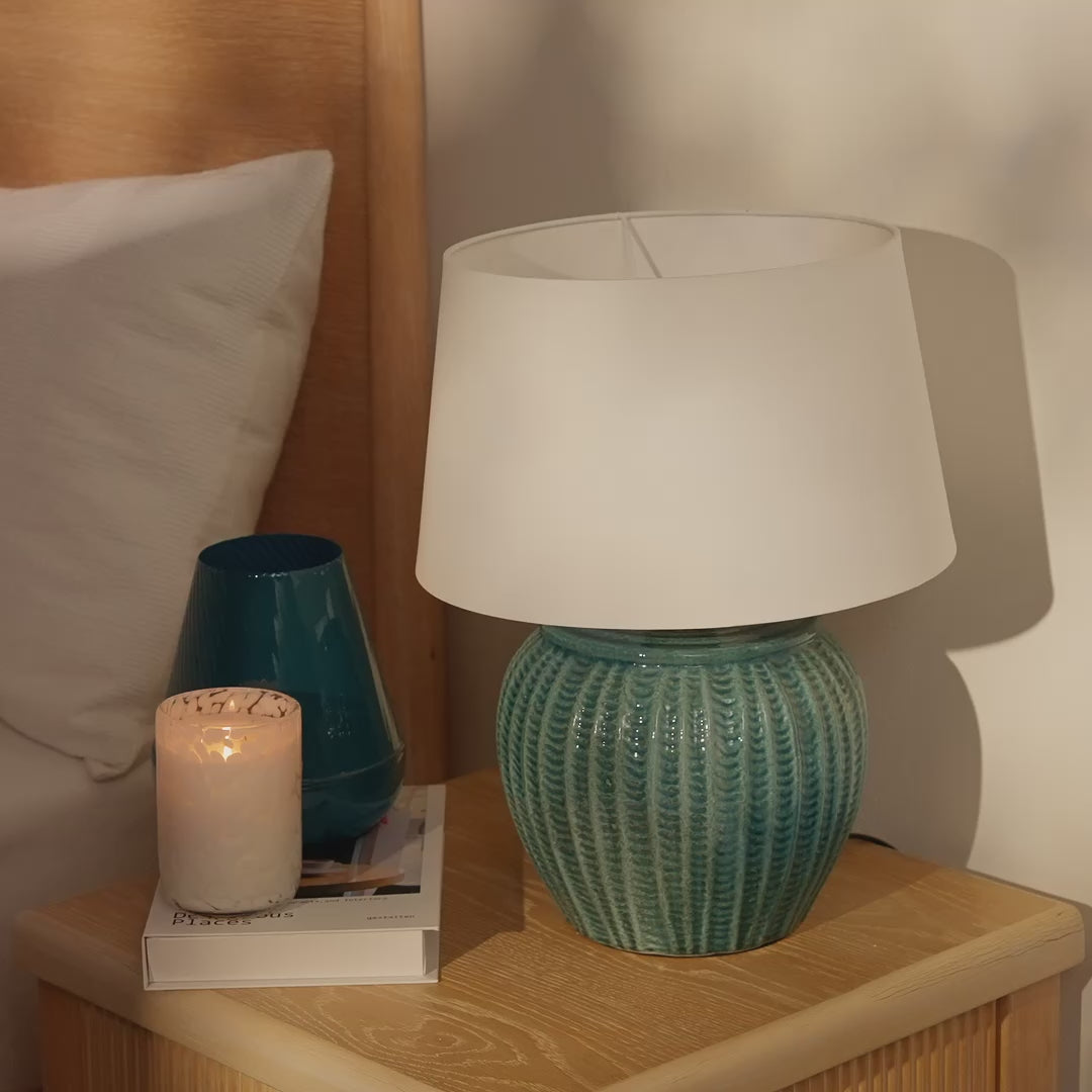 Elmer 27cm Ceramic Lamp Base - Teal Blue & Coningsby 35cm Cotton Lamp Shade - Snow White - Laura James
