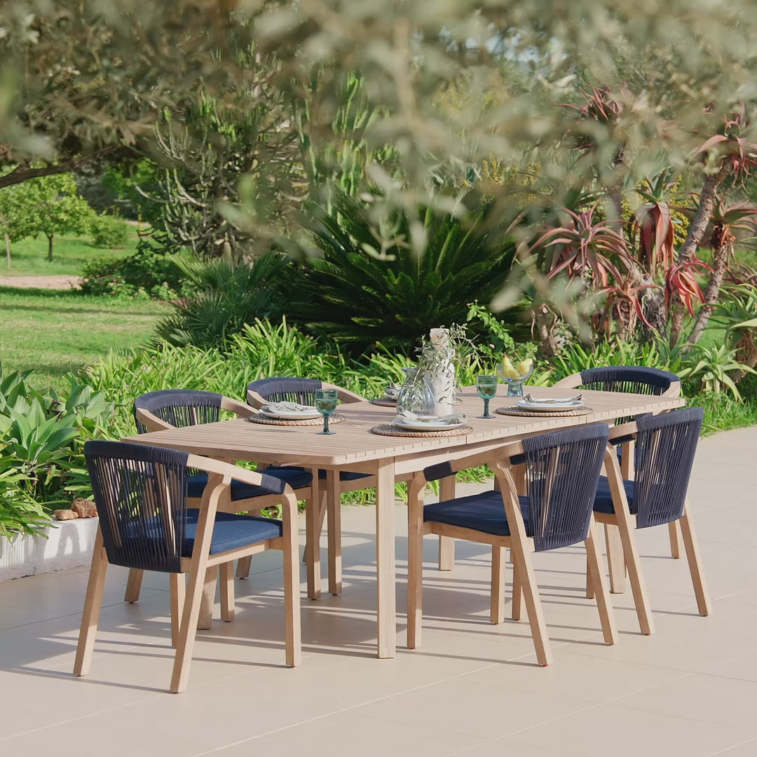 Saffron 6 Seater Extending Wooden Garden Dining Set with Shiro Navy Rope Chairs - Laura James