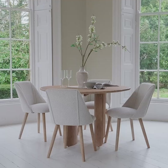 Imogen 120cm Chalked Mangowood  Round Dining Table Set - 4 Seater - Freya Oat Boucle Dining Chairs - Chalked Mangowood Legs - Laura James