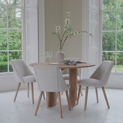 Imogen 120cm Chalked Mangowood  Round Dining Table Set - 4 Seater - Freya Oat Boucle Dining Chairs - Chalked Mangowood Legs - Laura James