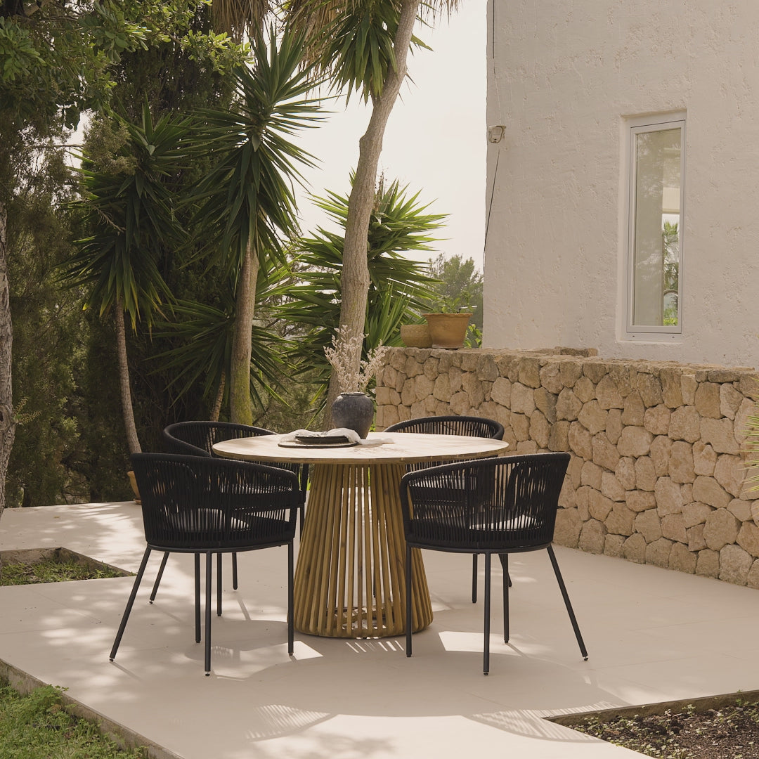 Willow Whitewash 4 Seater Round Dining Table Set with Hali Black Rope Chairs - Laura James 