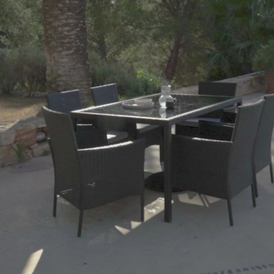Marston 6 Seater Rattan Outdoor Dining Set with Grey Parasol - Rattan Garden Furniture - Black - Glass Top