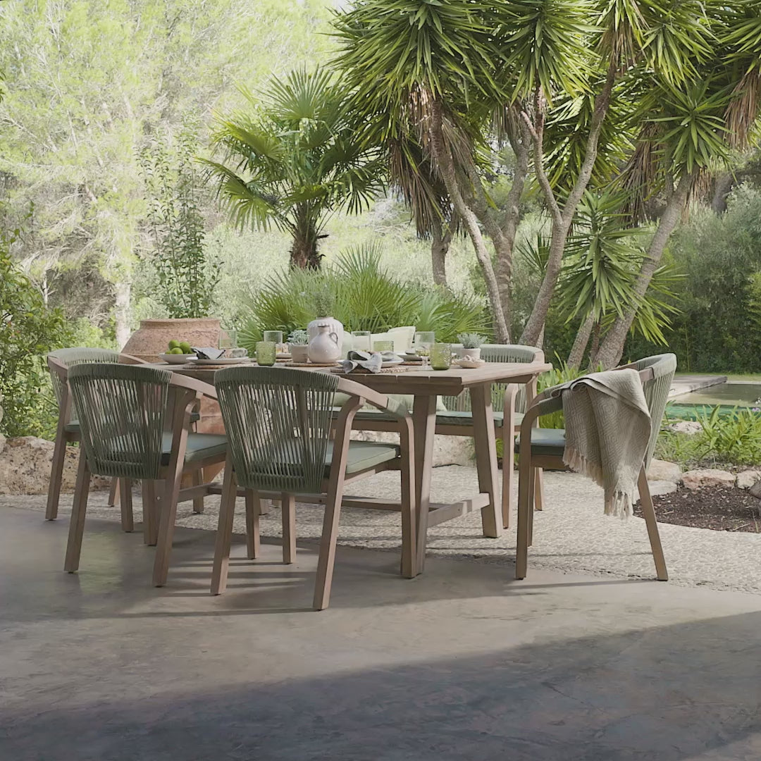 Shiro 6 Seater Wooden Garden Dining Set with Shiro Green Rope Chairs & Bench - 180cm - Laura James