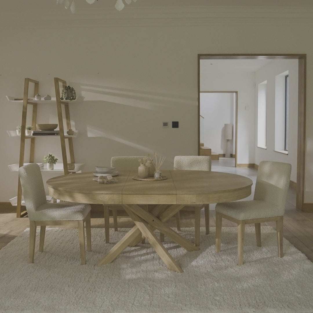 Amelia Whitewash Oval Extending Dining Table Set - 4 Seater - Nolan Boucle Dining Chairs - Whitewash Oak Legs - Laura James