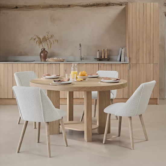 Marlon Whitewash Oak Oval Dining Table Set - 4 Seater - Freya Oat Boucle Dining Chairs - Whitewash Oak Legs - Laura James 