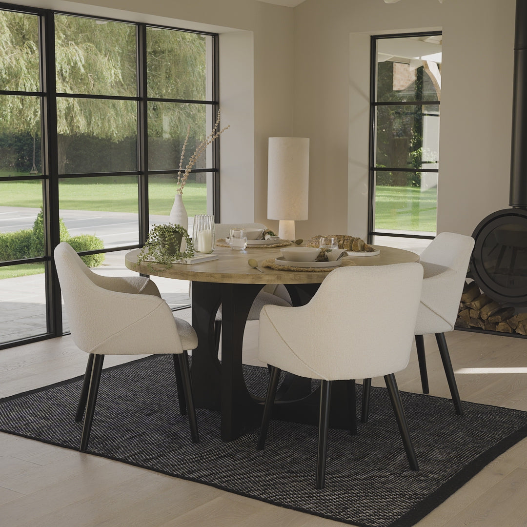 Jade Round Mango Wood 4 Seater Dining Set with Freya Boucle Armchairs - Laura James