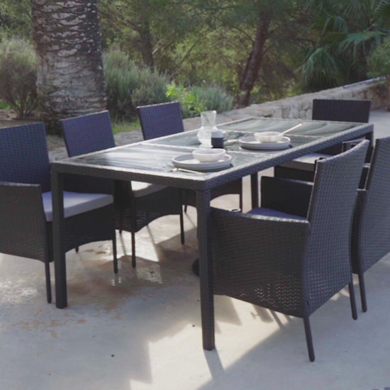 Marston 8 Seater Rattan Outdoor Dining Set with Cream LED Premium Parasol - Rattan Garden Furniture - Black - Glass Top