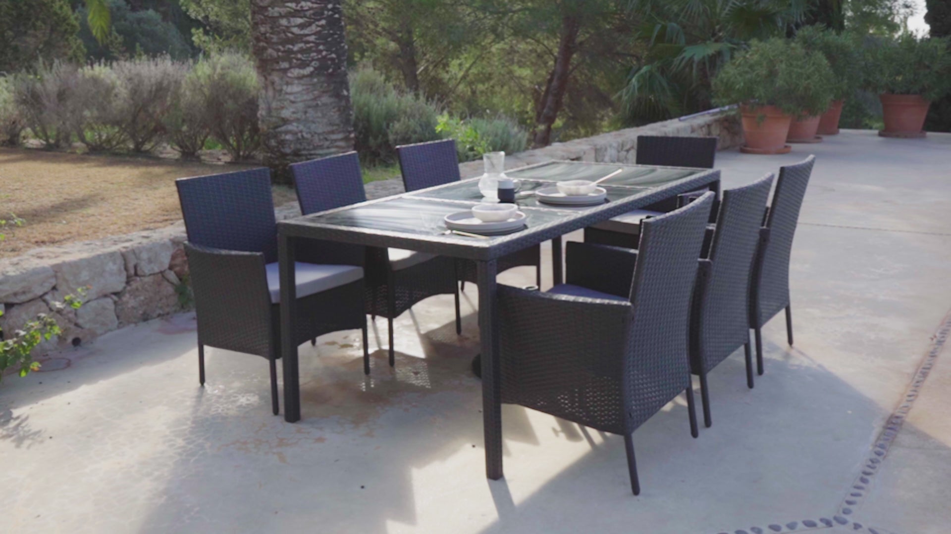Marston 8 Seater Rattan Outdoor Dining Set with Cream LED Premium Parasol - Rattan Garden Furniture - Black - Glass Top