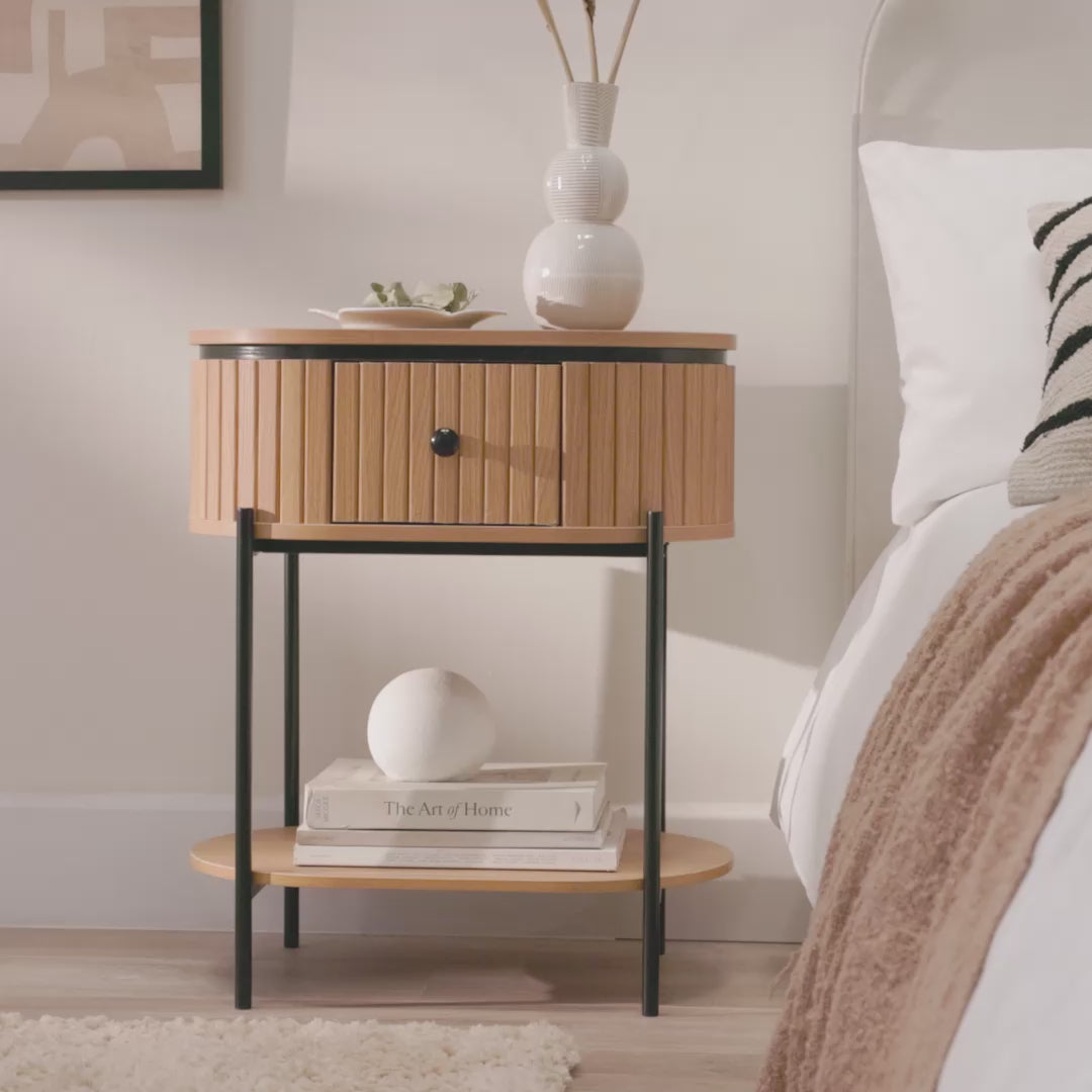 Matius Seasoned Oak 1 Drawer Bedside Table - Black Legs - Laura James 