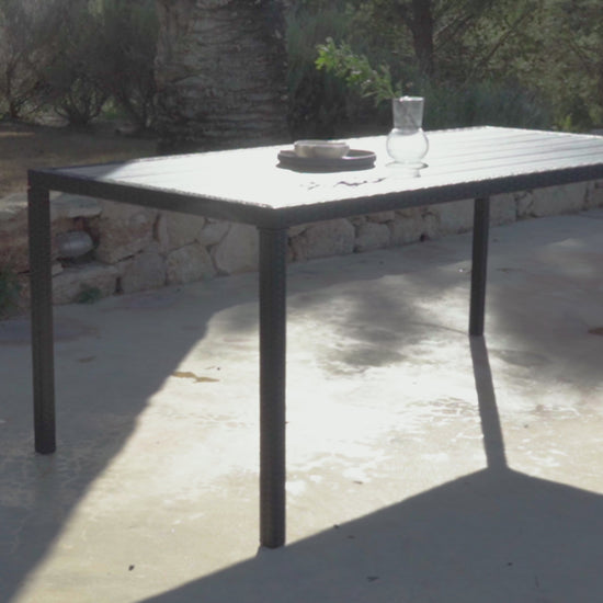 Marston 6 Seater Rattan Outdoor Dining Set with Cream Parasol - Rattan Garden Furniture - Black - Polywood Top