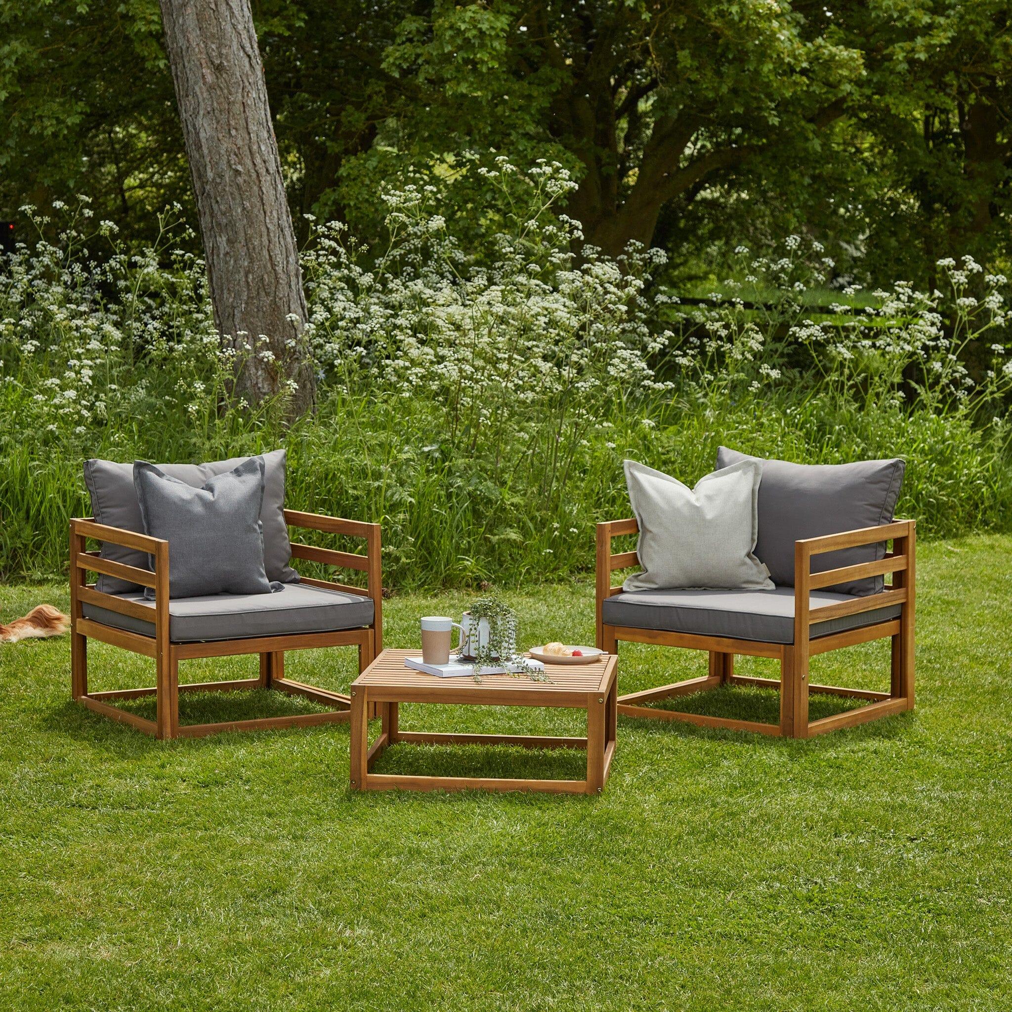 Rowan 2 Garden Armchairs with Coffee Table Set Grey