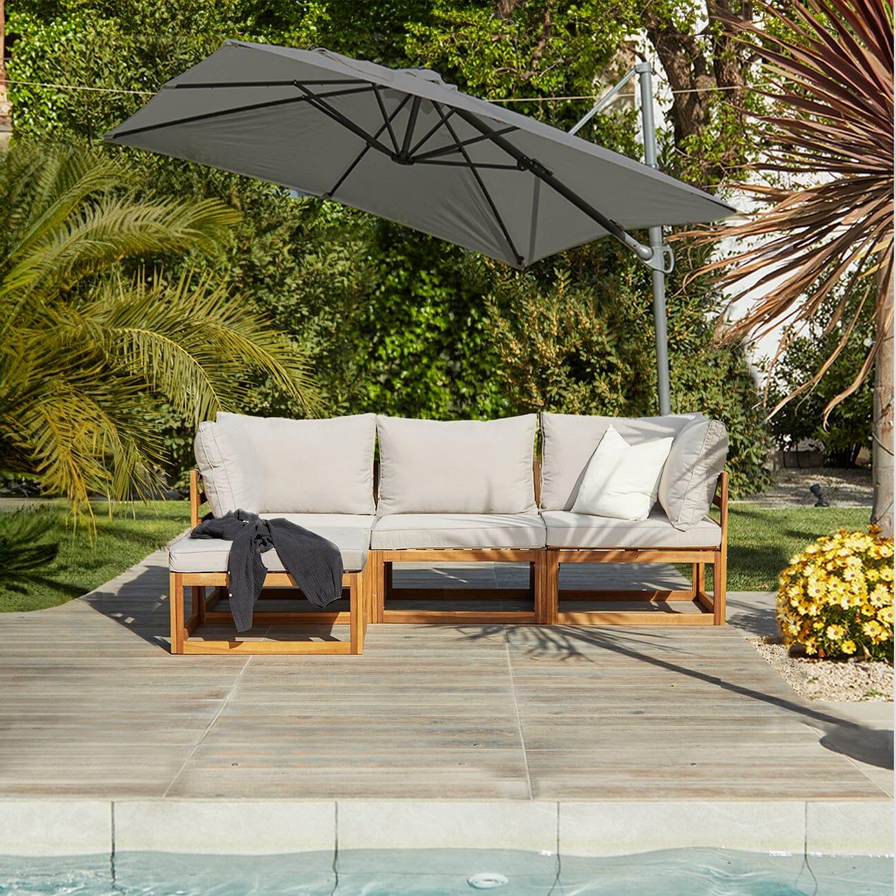 Rowan Natural 3 Seater Garden Sofa and Footstool with Grey Lean Over Parasol - Laura James