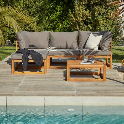 Rowan 3 Seater Wooden Garden Sofa Set With Footstool and Coffee Table - Laura James