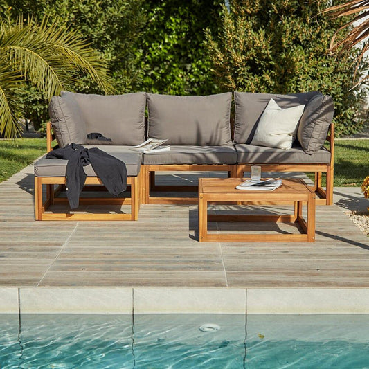 Rowan 3 Seater Wooden Garden Sofa Set With Footstool and Coffee Table - Laura James