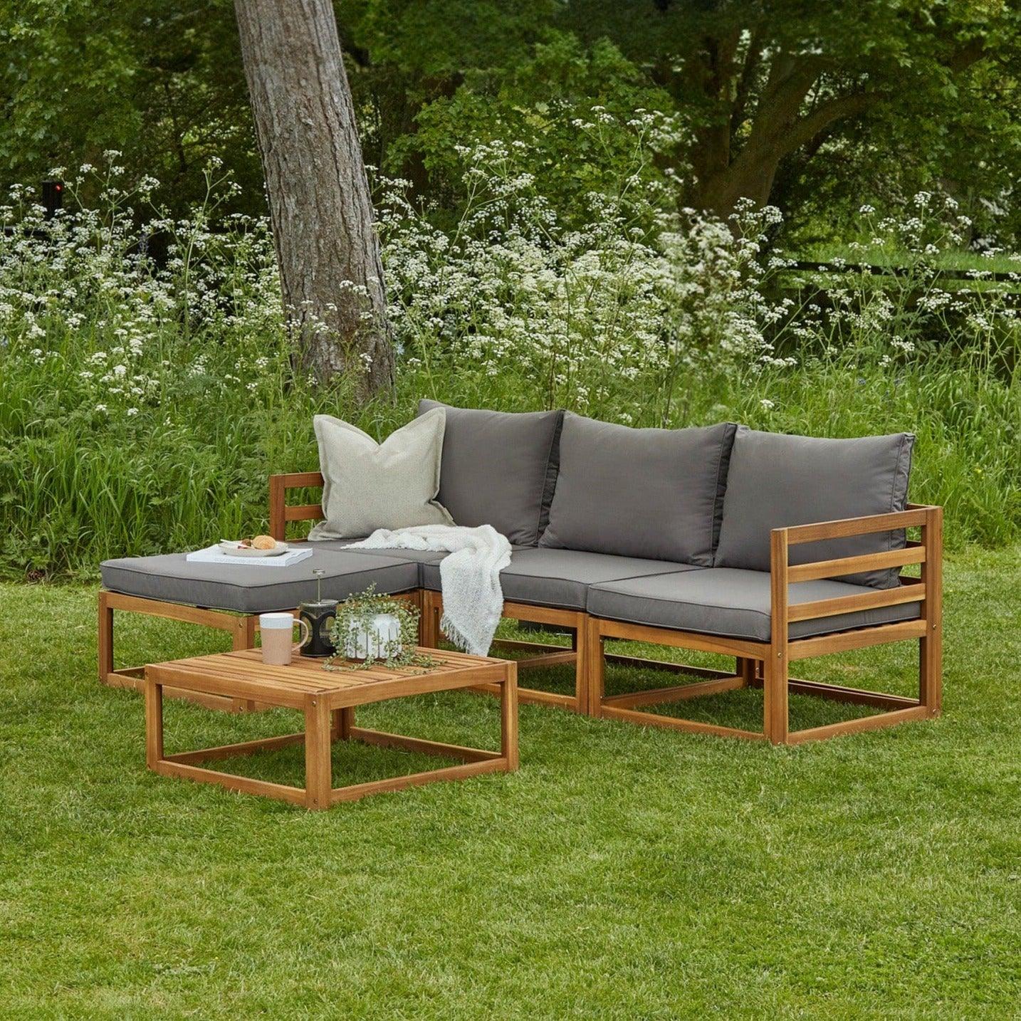 Rowan 3 Seater Wooden Garden Sofa Set With Footstool and Coffee Table Laura James