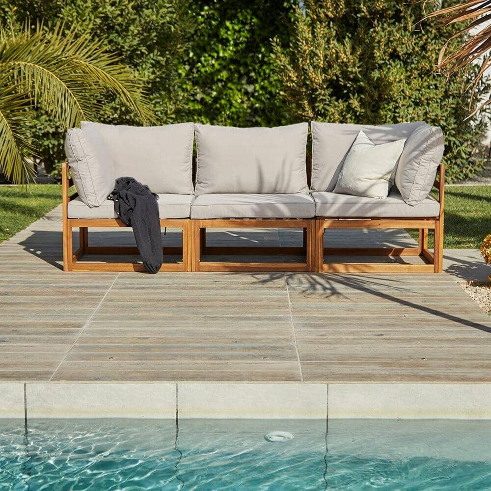 Rowan 3 Seater Wooden Garden Sofa - Footstool & Coffee Table - Sand