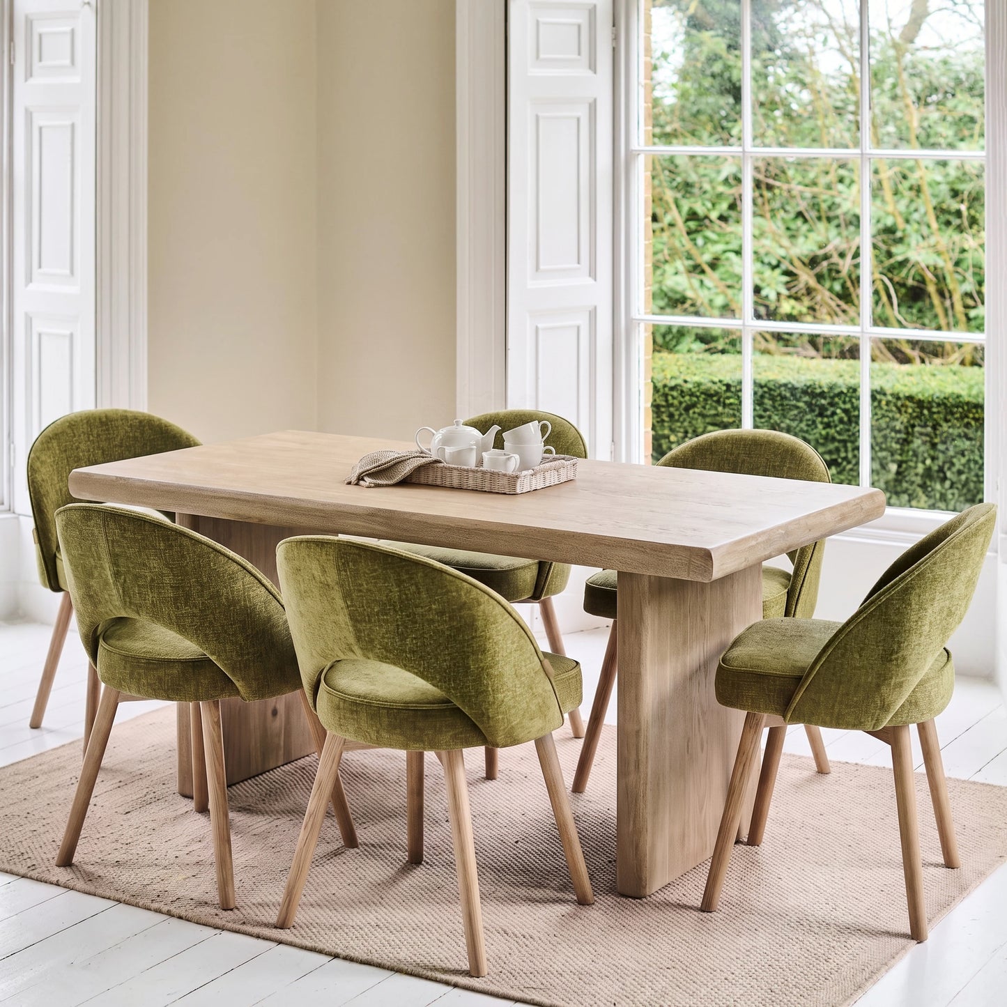 Nevaeh Chalked Mango Wood Dining Table Set - 6 Seater - Marilyn Green Dining Chairs - Chalked Mango Wood Legs - Laura James 