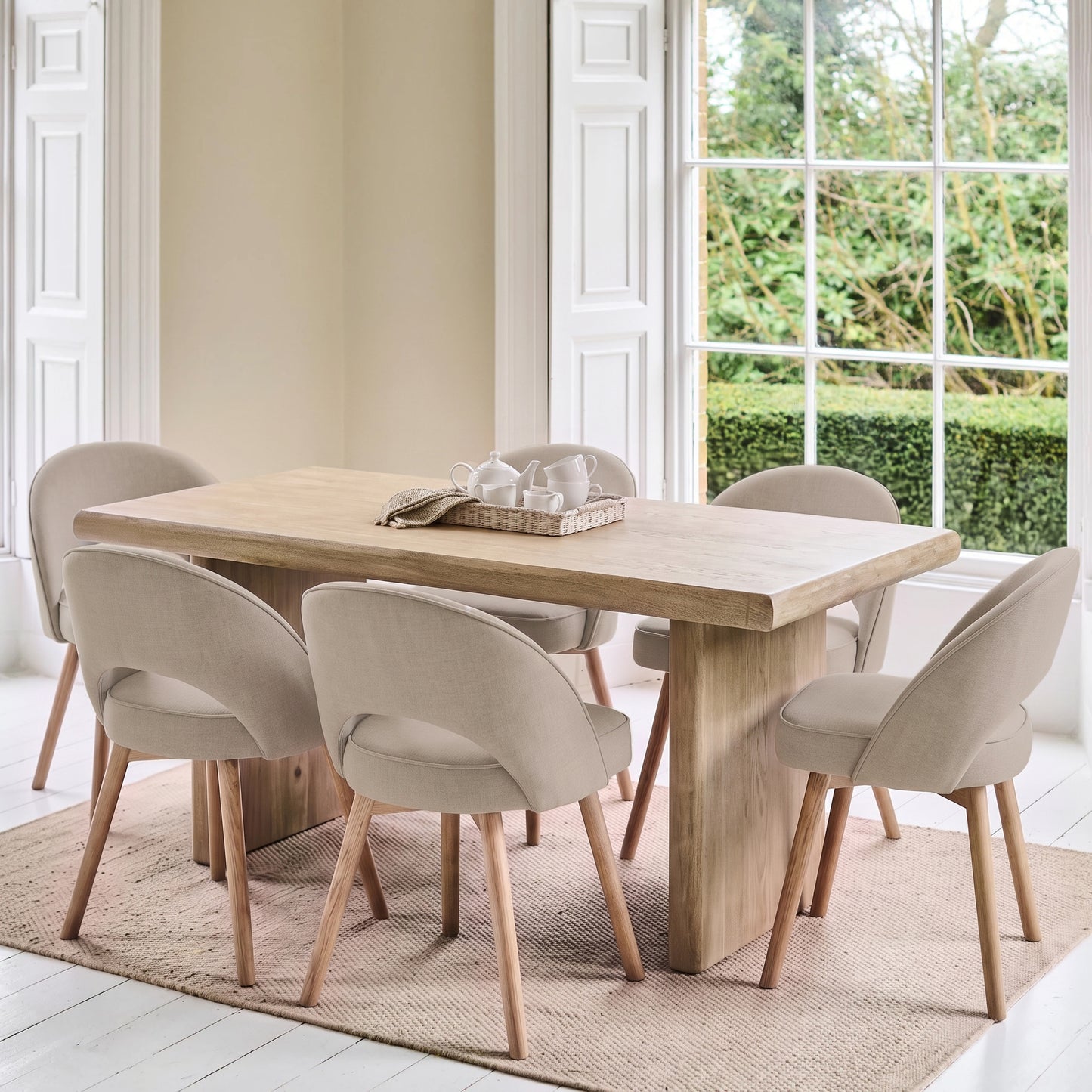 Nevaeh Chalked Mango Wood Dining Table Set - 6 Seater - Marilyn Soft Beige Dining Chairs - Chalked Mango Wood Legs