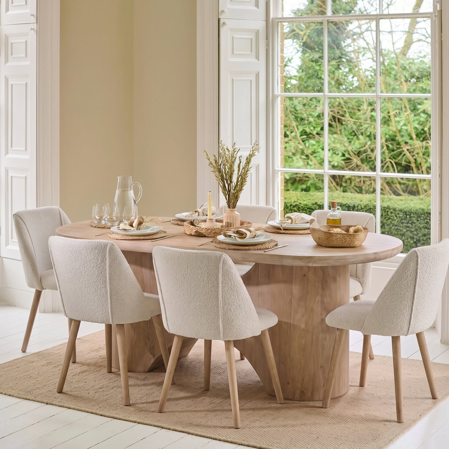 Octavia 220cm Limewash Dining Table Set - 6 Seater - Freya Oat Boucle Dining Chairs - Chalked Mango Wood Legs - Laura James 