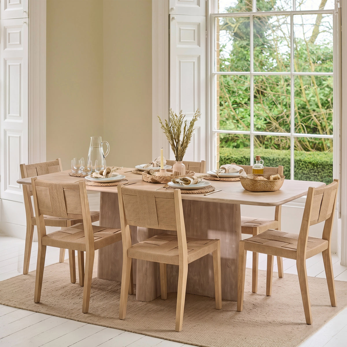 Bastian 220cm Limewash Dining Table Set - 6 Seater - Dinah Natural String Dining Chairs - Whitewash Oak Legs - Laura James 