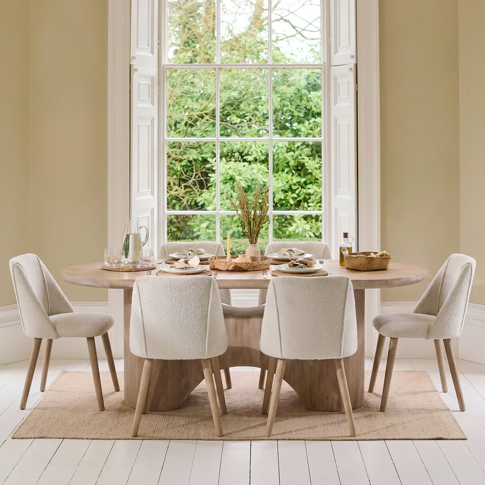 Octavia 220cm Limewash Dining Table Set - 6 Seater - Freya Oat Boucle Dining Chairs - Chalked Mango Wood Legs - Laura James 