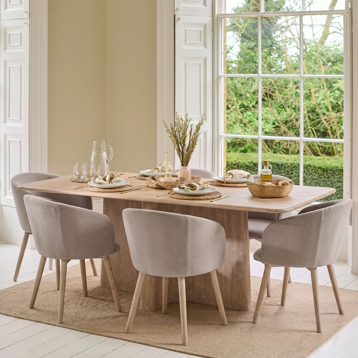 Bastian 220cm Limewash Dining Table Set - 6 Seater - Archer Soft Beige Dining Chairs - Whitewash Legs - Laura James 