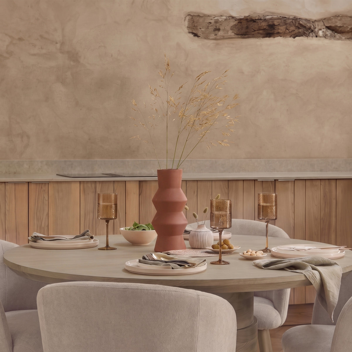 Adam 135cm Almond Brown Round Dining Table Set - 4 Seater - Archer Soft Beige Dining Chairs - Almond Brown Legs - Laura James 