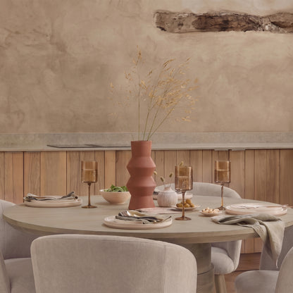 Adam 135cm Almond Brown Round Dining Table Set - 4 Seater - Archer Soft Beige Dining Chairs - Almond Brown Legs - Laura James 