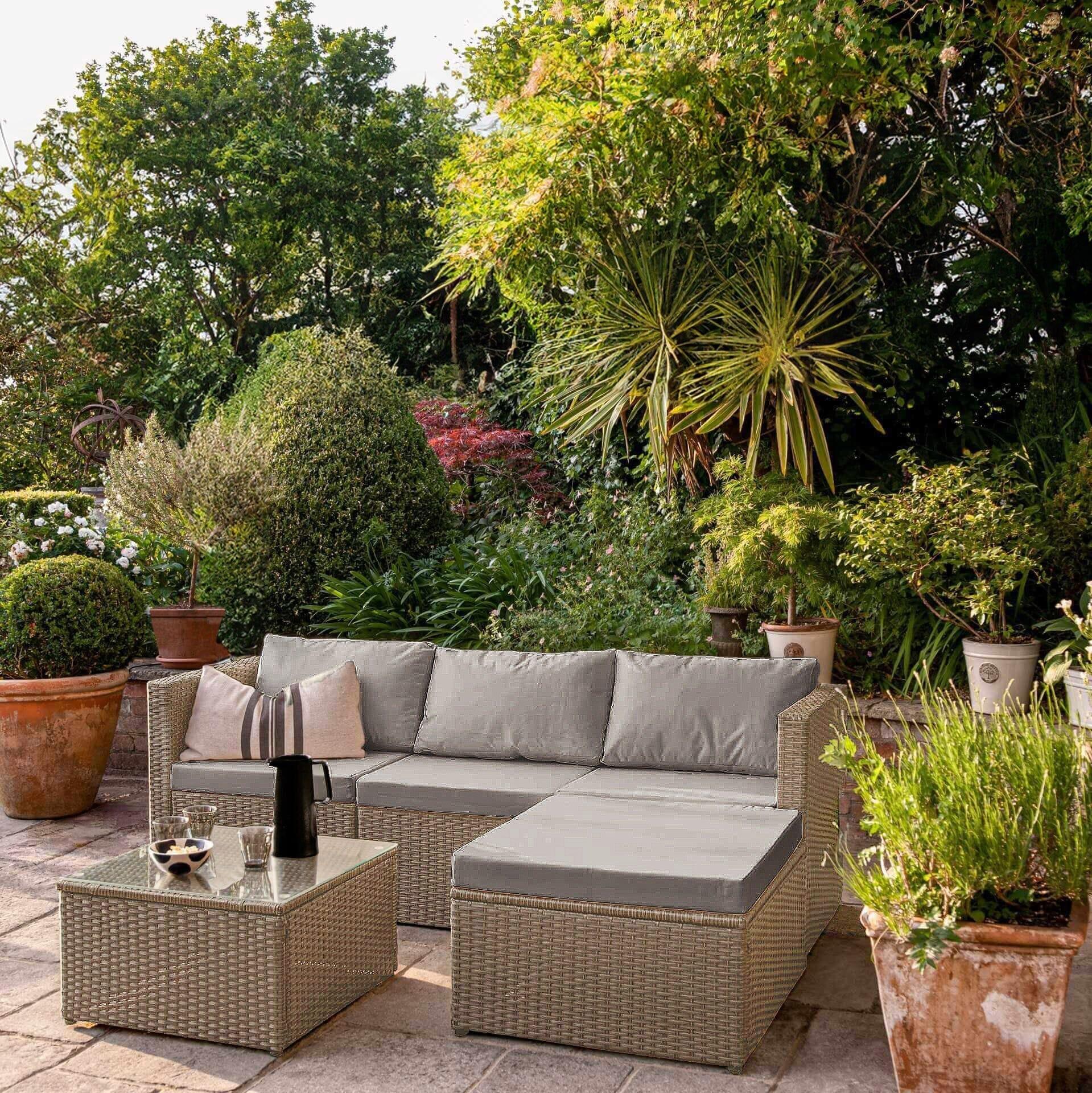 Weston 4 Seater Rattan Corner Sofa Set with Grey Lean Over Parasol - Natural Weave