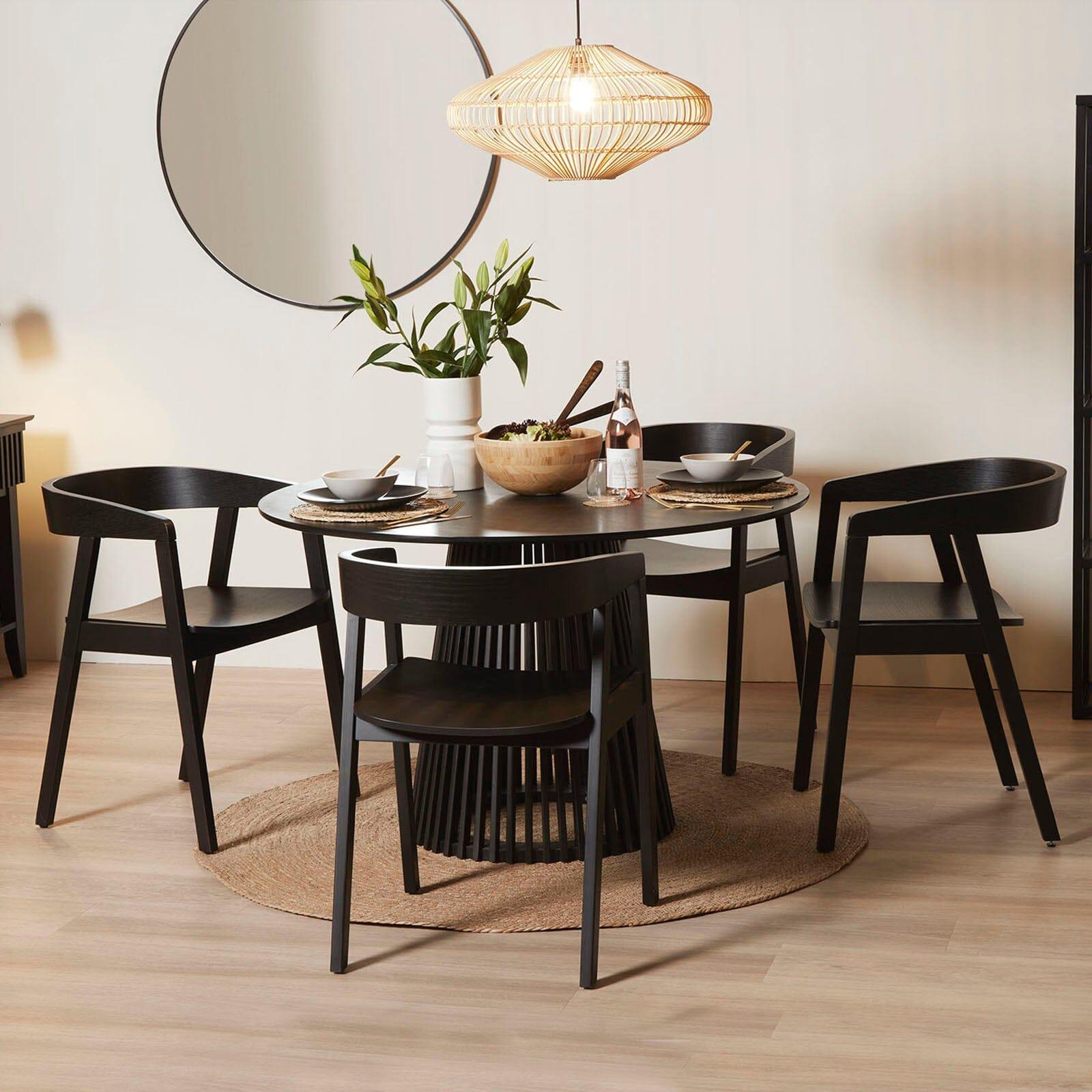 Willow seater Wooden Round Dining Table Set with Black Armchairs