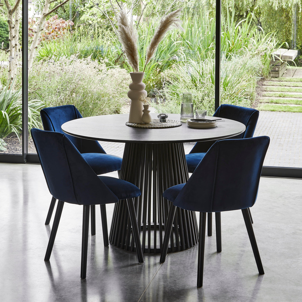 Willow Wooden Round Dining Set with Blue Dining Chairs - Laura James