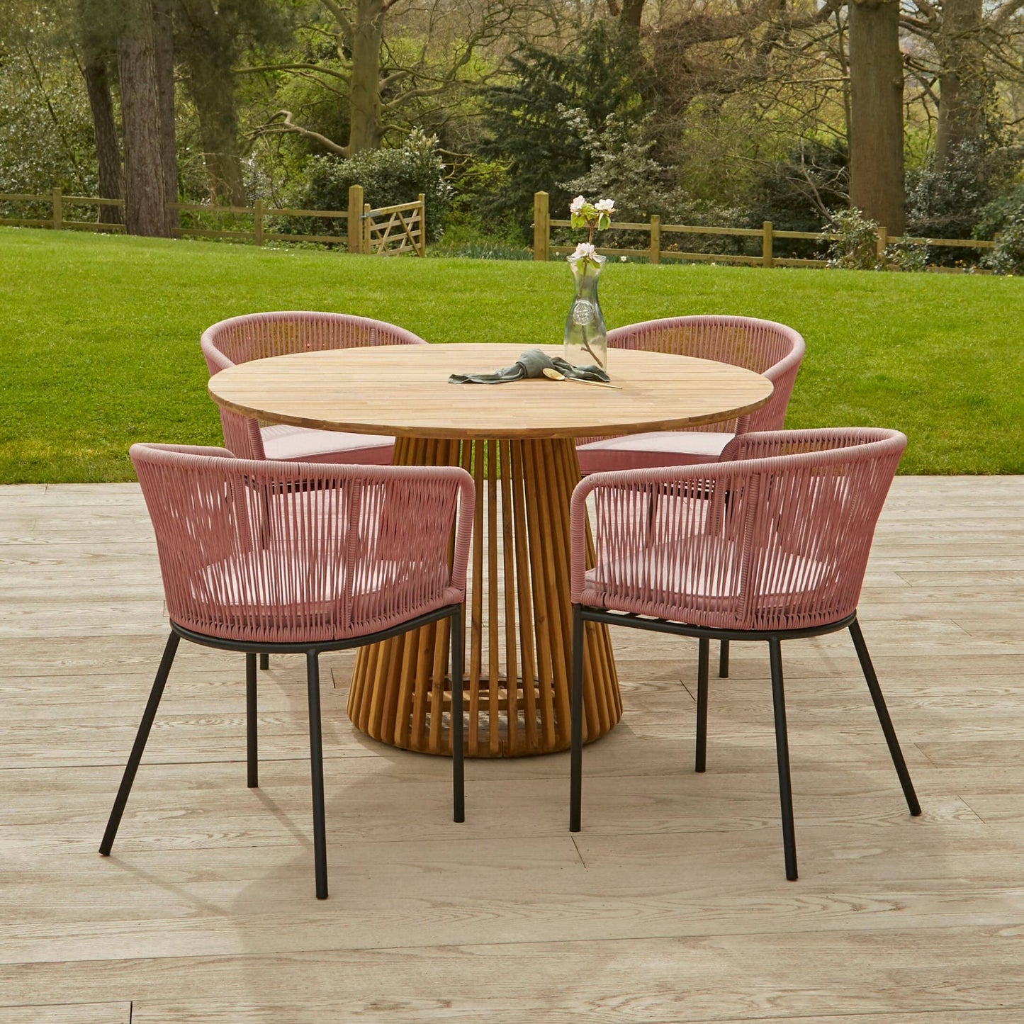 Willow 4 Seater Natural Wood Round Garden Dining Set - Hali Pink Chairs