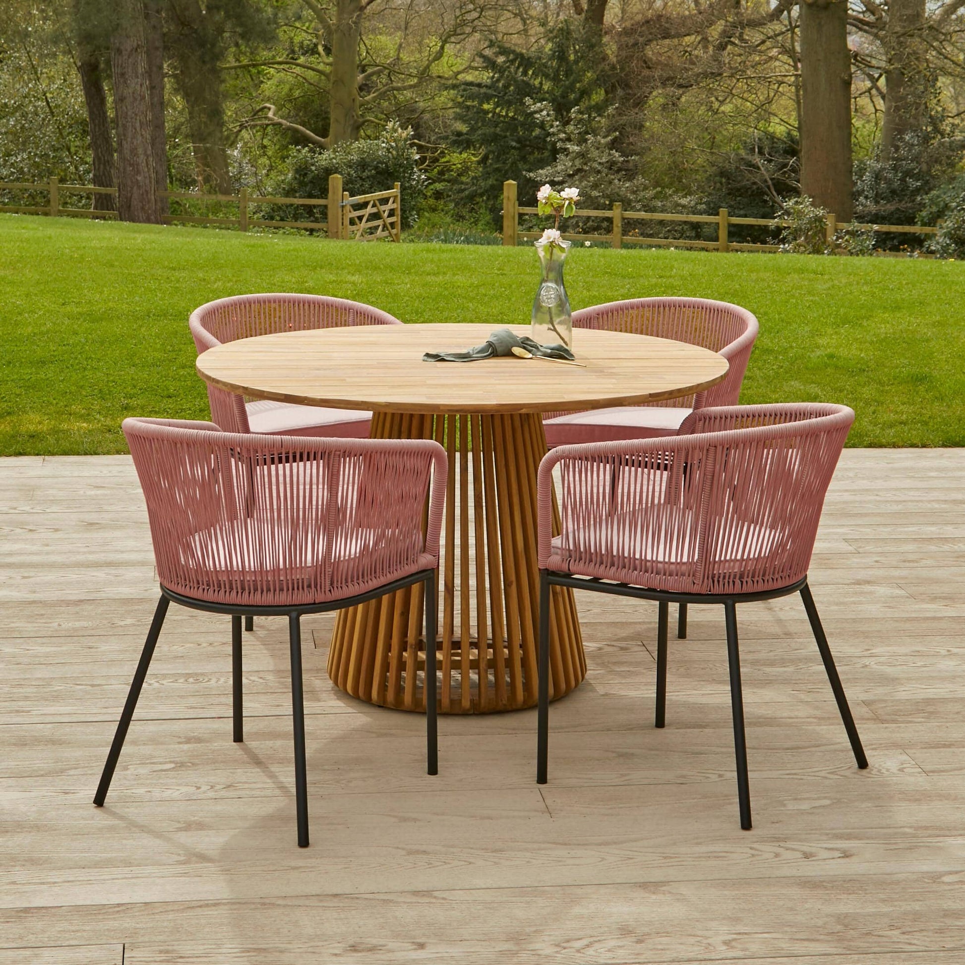 Willow 4 Seater Natural Wood Round Garden Dining Set - Hali Pink Chairs