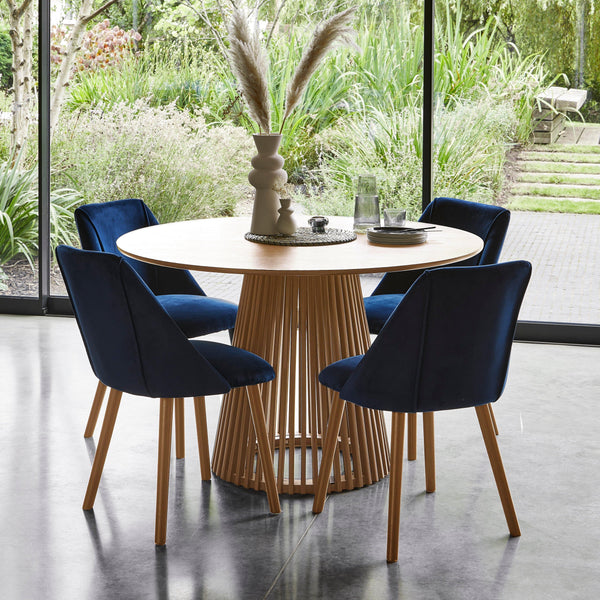 Willow Pale Oak Round Dining Set with Blue Dining Chairs Laura James