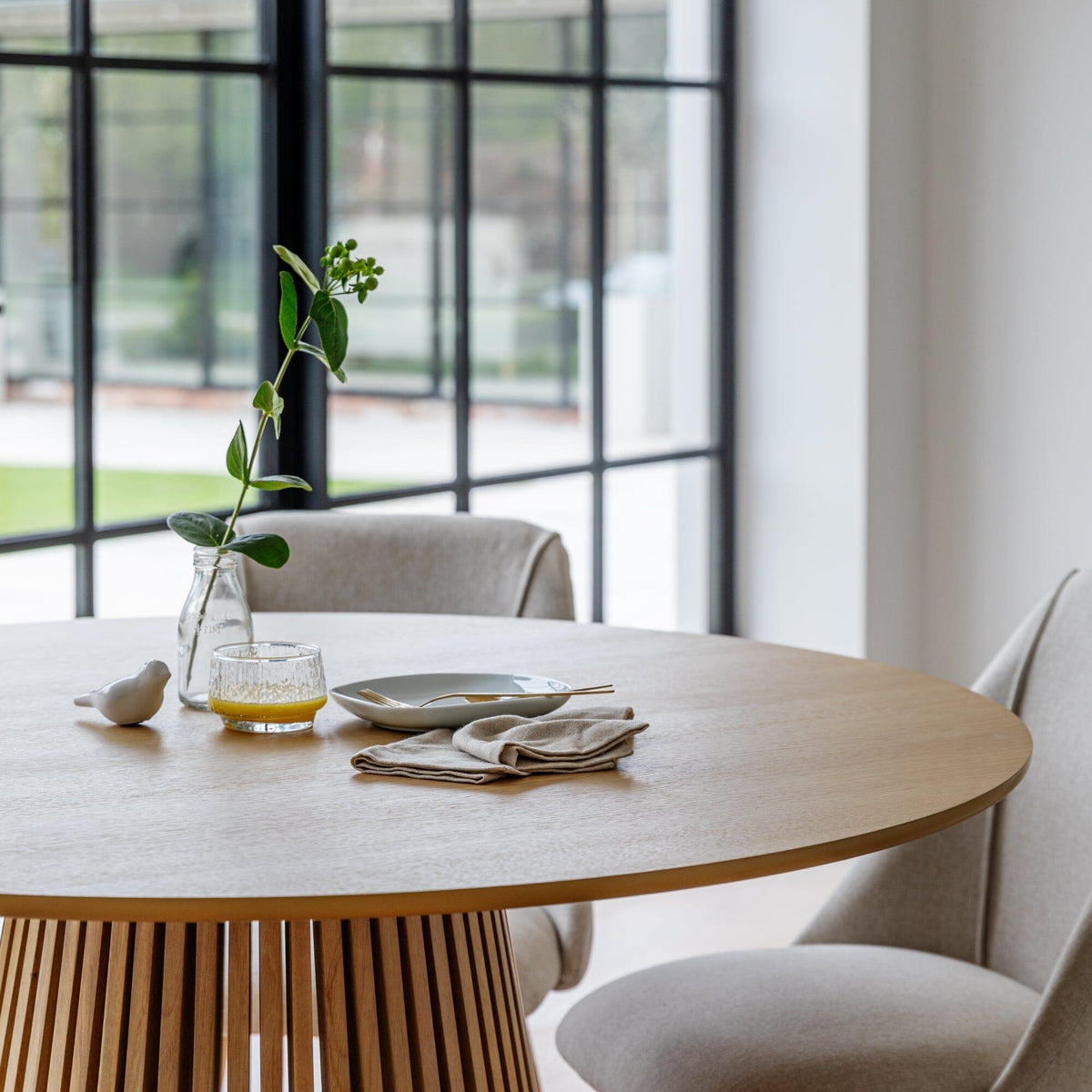 Willow Pale Oak Round Dining Set with Oatmeal Dining Chairs - Laura James