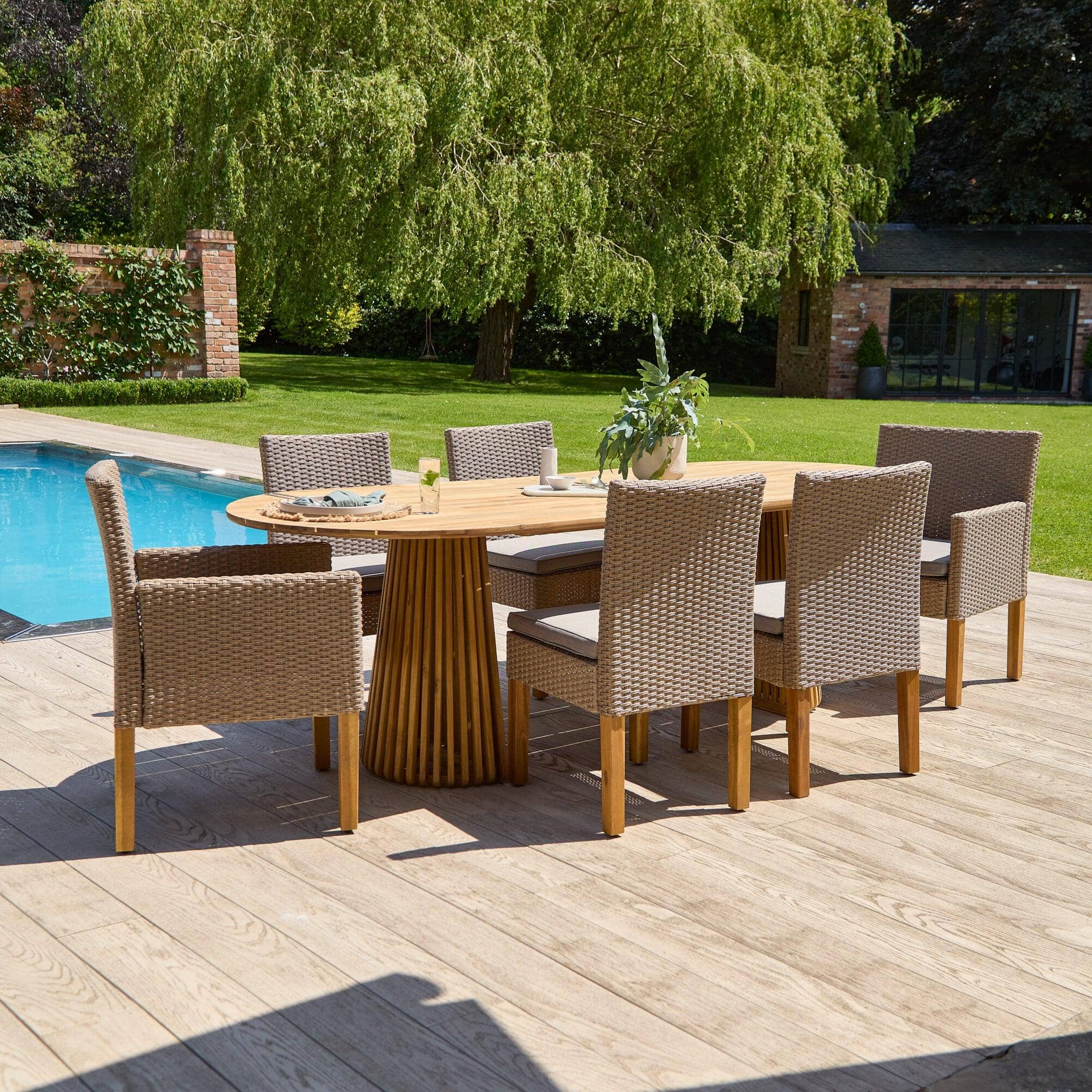 Willow 6 Seater Wood Oval Garden Dining Set - 4 Rattan Dining Chairs ...